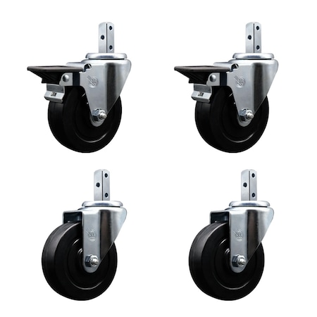 Service Caster 4'' Soft Rubber Wheel Swivel 7/8'' Square Stem Caster Set 2 Brakes, 4PK SCC-SQ20S414-SRS-PLB-78-2-S-2